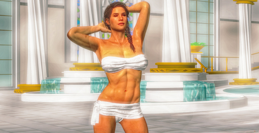 1girls 3d abs areolae armpits arms_behind_head assassin's_creed_(series) assassin's_creed_odyssey baths belly belly_button bikini body_scars bra braided_hair breasts brown_hair closed_eyes curtains cybercole360 eyelashes eyeliner eyes eyeshadow female female_focus female_only floor fountain games glass_window human human_only indoors kassandra legs lipstick loincloth makeup mouth navel open_mouth panties plant plant_pot ponytail posing pot red_lipstick roman roman_bath roman_mythology scene scenery solo solo_female solo_focus stairs standing standing_up stone_floor sweat tanned tanned_female tanned_girl tanned_skin teeth thighs tiles ubisoft underwear video_games water waterfall windows xnalara xps