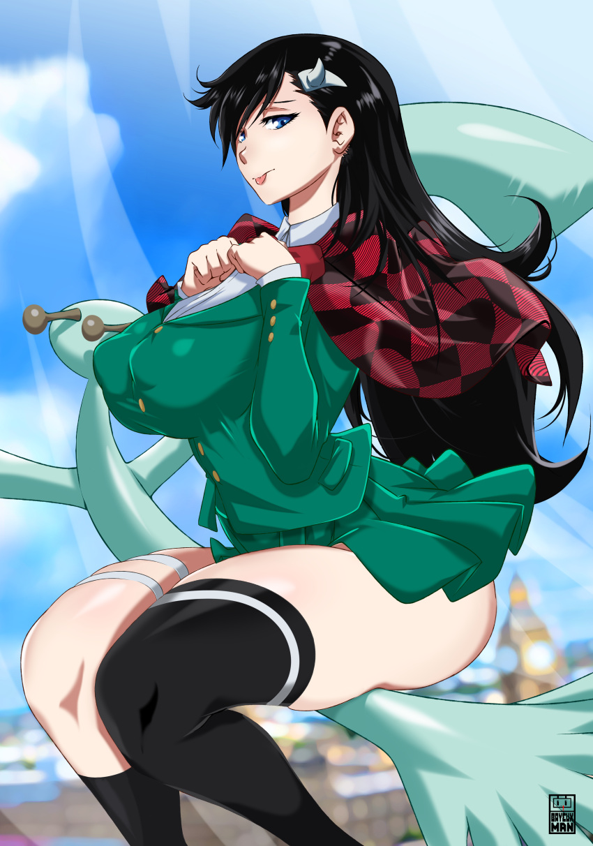 1girls bayeuxman black_hair bleach blue_eyes blush broom broom_riding burn_the_witch cloud curvaceous curves curvy green_jacket green_skirt high_resolution huge_breasts human large_breasts long_sleeves looking_at_viewer noel_niihashi outdoors outside scarf sitting skirt sky thick_thighs