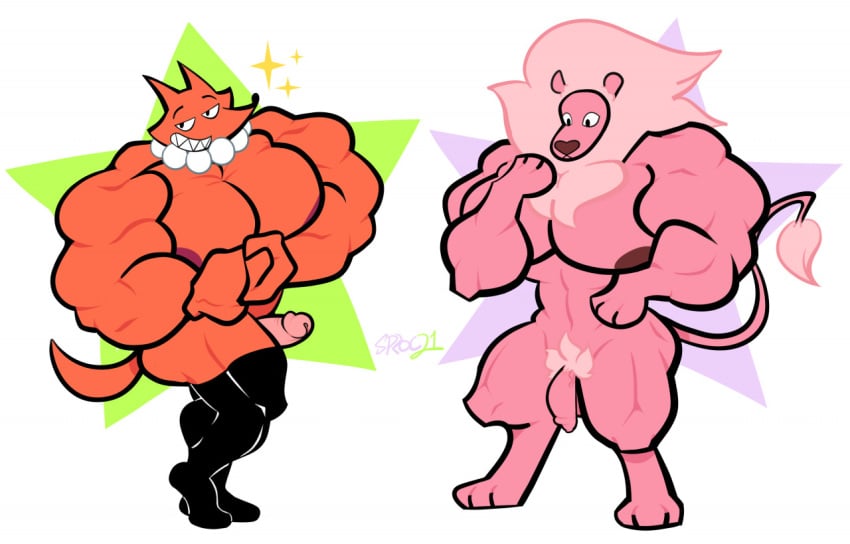 abs anthro anthrofied ass biceps big_muscles biped boots canid canine cartoon_network clothing duo felid flexing footwear fox foxman foxman_(steven_universe) fur genitals huge_muscles hyper hyper_muscles legwear lion lion_(steven_universe) male mammal mane muscular nipples pantherine pecs penis pink_body pink_fur pink_mane pose pubes quads sharp_teeth signature smile sparkles sprocco_(artist) standing star steven_universe tail_tuft teeth thigh_boots thigh_highs toothy_grin tuft vein veiny_penis