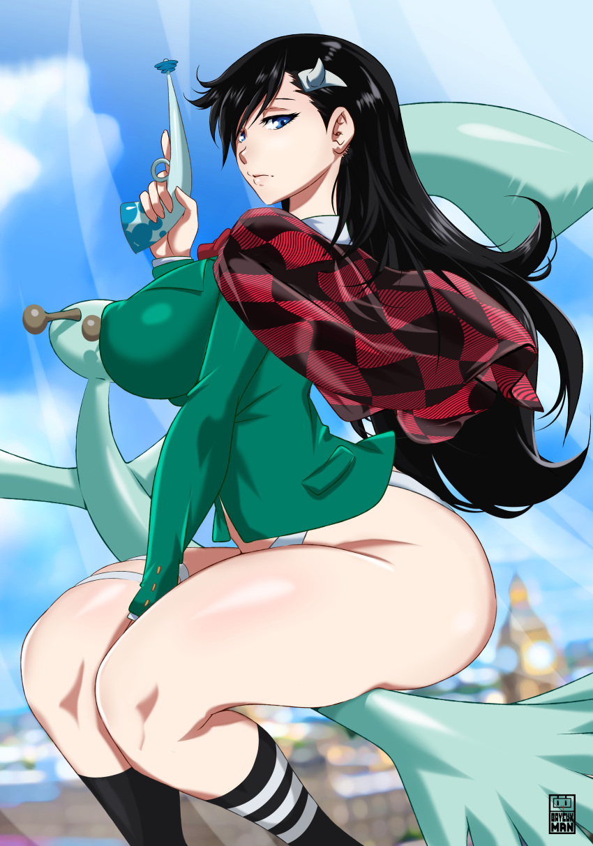 1girls bare_thighs bayeuxman black_hair bleach blue_eyes blush bottomless broom broom_riding burn_the_witch cloud curvaceous curves curvy green_jacket high_resolution huge_breasts human large_breasts long_sleeves looking_at_viewer no_pants no_skirt noel_niihashi outdoors outside panties scarf sky thick_thighs