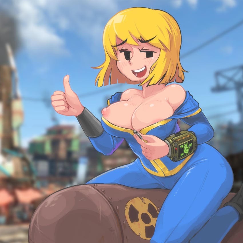 1girls big_breasts black_eyes blonde_hair blush breasts computer electronics exposed_breasts fallout looking_at_viewer mob_face nipples onuy partially_clothed pip-boy short_hair smile solo thumbs_up unzipping vault_girl vault_meat vault_suit wristwear zipper