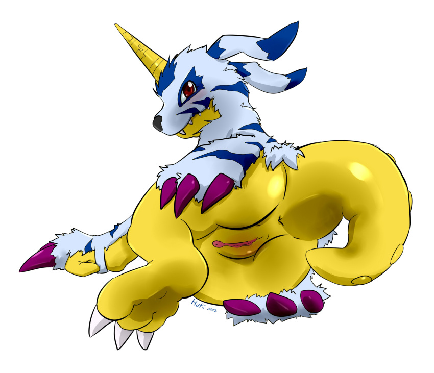 2015 anus arm_support ass bandai_namco claws digimon digimon_(species) digital_media_(artwork) female feral fur_coat gabumon genitals hatiimiga hi_res horn looking_at_viewer lying non-human on_side presenting presenting_pussy pussy rear_view semi-anthro simple_background solo white_background