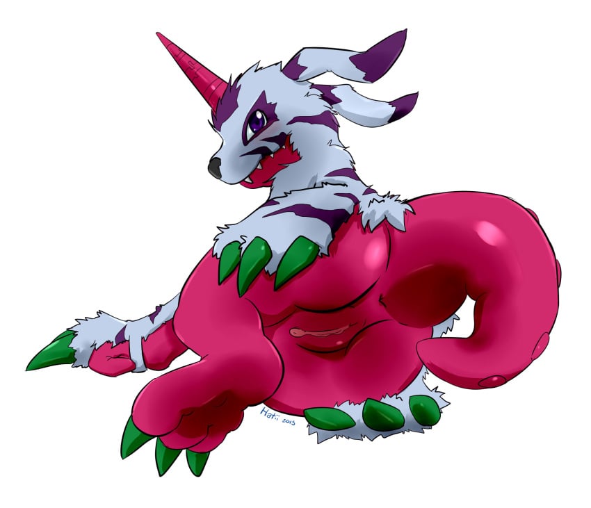 2015 anus ass bandai_namco blush claws digimon digimon_(species) digital_media_(artwork) female fur_coat genitals hatiimiga hi_res horn looking_at_viewer non-human non_human presenting presenting_pussy psychemon pussy rear_view scalie simple_background solo white_background