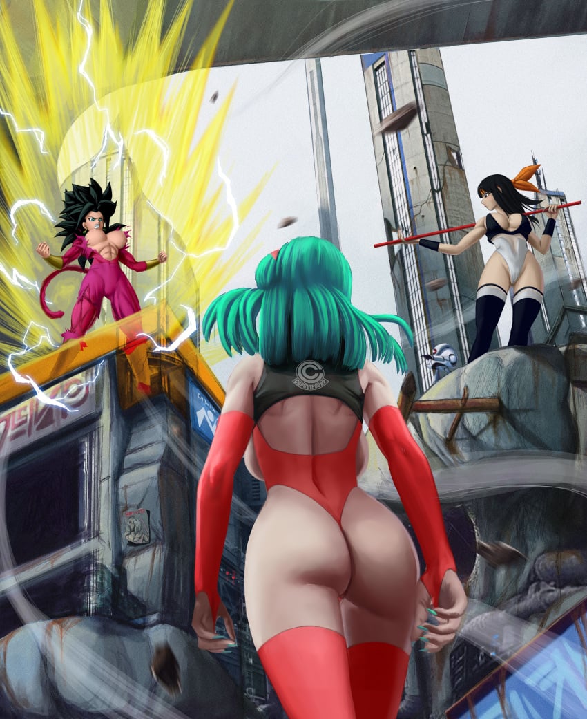 3girls areolae ass big_ass big_breasts blue_vains bra_(dragon_ball) bra_briefs breasts bursting_breasts bursting_clothes city_background dragon_ball dragon_ball_gt female female_only giru_(dragon_ball) green_eyes headband kefla multiple_girls muscular_female nipples novasayajingoku pan_(dragon_ball) potara_earrings red_fur super_saiyan_4 tail veiny_breasts