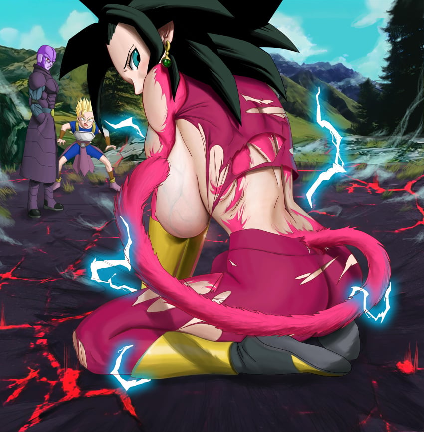 1girls 2boys ass black_hair blue_vains breasts cabba dragon_ball dragon_ball_super fusion hit_(dragon_ball) huge_breasts kefla nipples novasayajingoku red_fur shounen_jump sideboob super_saiyan_4 tail torn_clothes transformation universe_6/universe_7 universe_6_girls veiny_breasts wardrobe_malfunction