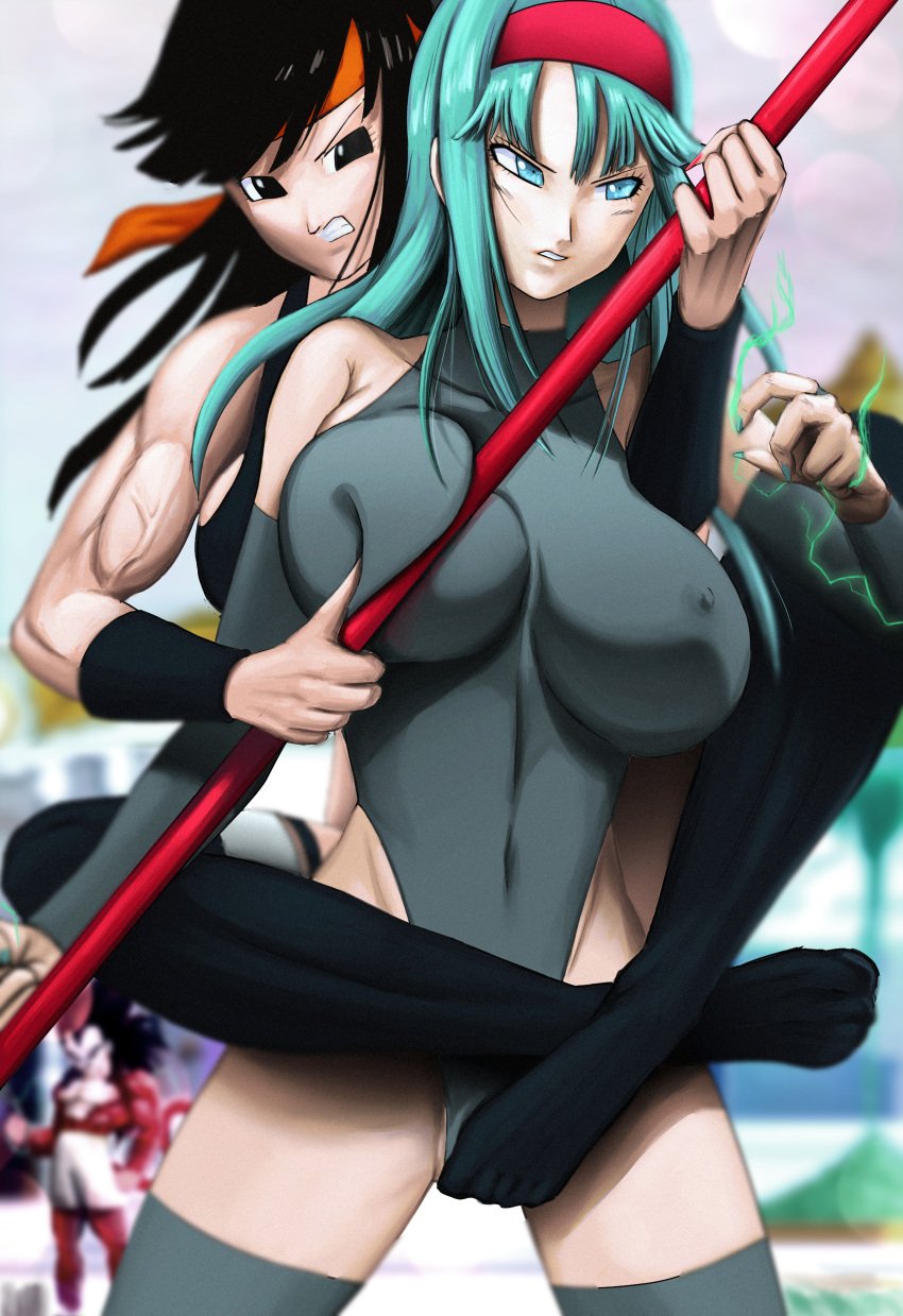 1boy 2girls bra_(dragon_ball) bra_briefs breast_squeeze breasts catfight curvaceous dragon_ball dragon_ball_gt duo_focus female female_focus large_breasts muscles muscular_female nipples_visible_through_clothing novasayajingoku pan_(dragon_ball) power_pole shounen_jump super_saiyan_4 vegeta yuri