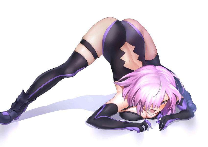 1girls absurd_res alternate_version_available ass ass_up back_cutout bent_over big_breasts blush boots breast_press cleavage cleavage_cutout clothing_cutout elbow_gloves fate/grand_order fate_(series) female female_focus female_only gloves hair_over_one_eye hands_on_ground high_heel_boots highres jack-o_pose legs_apart leotard mash_kyrielight mishima_saiko open_mouth pink_hair pose posing purple_eyes short_hair spread_legs sweat thigh_strap thighhighs