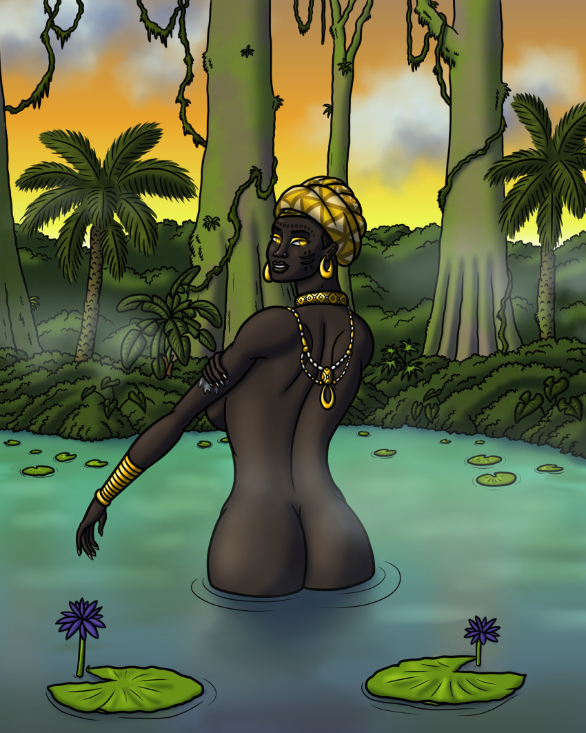 african_female ass back_view bathing dark-skinned_female dark_skin divine female goddess gold_(metal) jungle lotus nude solo solo_female tyrannoninja