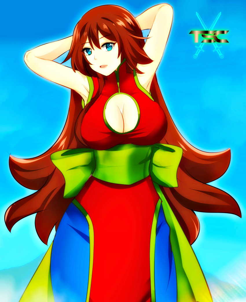 armpits arms_behind_back blue_eyes breasts brown_hair clothed clothing female logo looking_at_viewer melharina_ki'ordyntrias original original_character sacredcourage showing_off the_legendary_tauran'creima the_legendary_tauran'creima:_star_beings_of_the_universe white_skin