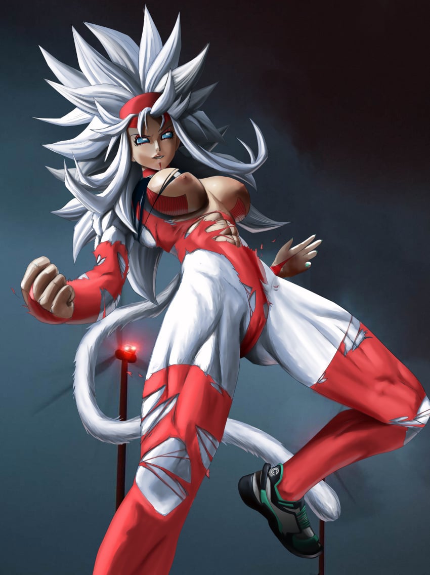 1girls baby_(dragon_ball) bra_(dragon_ball) bra_briefs breasts corruption dragon_ball dragon_ball_gt female female_only mutation nipples novasayajingoku parasitic_possession possession solo super_saiyan_4 tail torn_clothes tuffle tuffleization white_fur white_hair