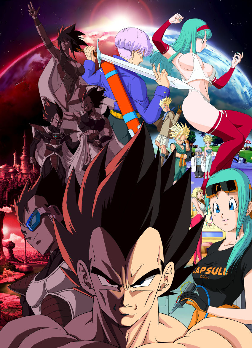 armor black_hair blue_hair bra_(dragon_ball) bra_briefs breasts bulma bulma_briefs doctor_briefs dragon_ball dragon_ball_gt eyewear_on_head female king_vegeta male nipples nipples_visible_through_clothing novasayajingoku panchy panchy_(dragon_ball) panchy_briefs panties saiyan super_saiyan sword tarble tights_(dragon_ball) tights_briefs trunks_briefs vegeta