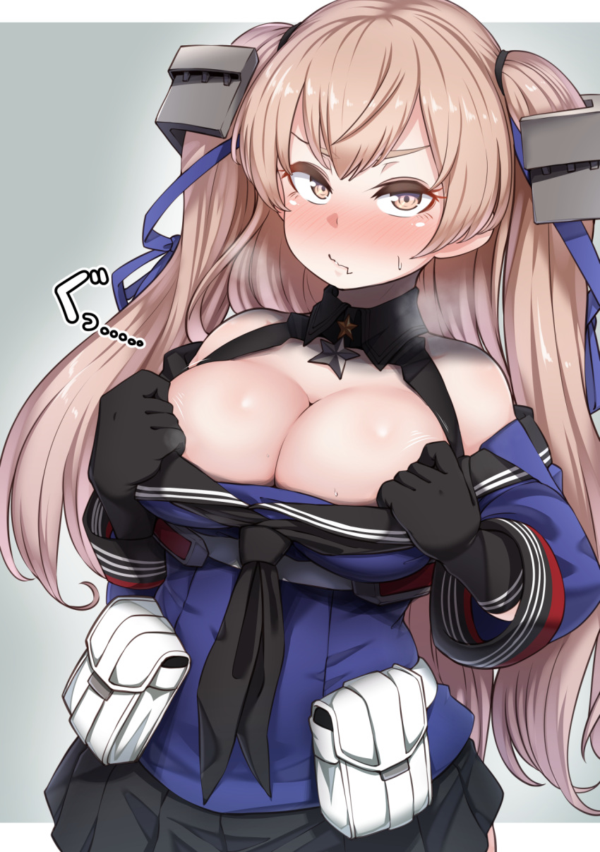 bare_shoulders big_breasts black_gloves blush cleavage clothes_pull embarrassed female female_only gloves hair_ornament johnston_(kantai_collection) kantai_collection light_brown_hair long_hair long_sleeves looking_at_viewer naval_uniform off_shoulder ryuun_(stiil) sailor_collar shirt_pull solo star_(symbol) sweatdrop twintails visible_breath