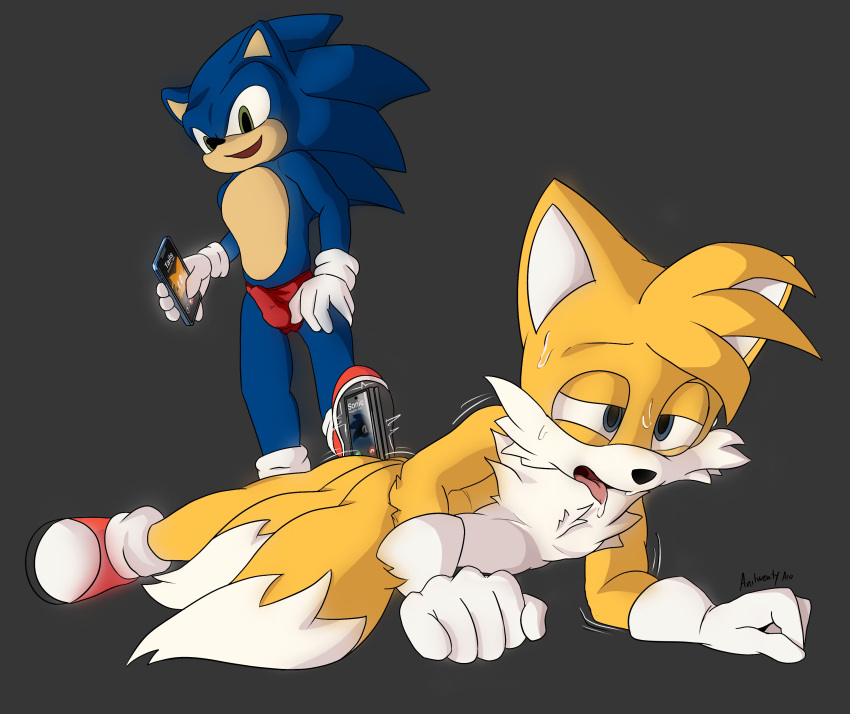 anitwenty anthro bulge dipstick_tail domination fox hedgehog improvised_dildo improvised_sex_toy male male/male object_insertion penis_bulge phone phone_call sonic_(series) sonic_the_hedgehog speedo stepped_on submissive_male tails underwear underwear_only