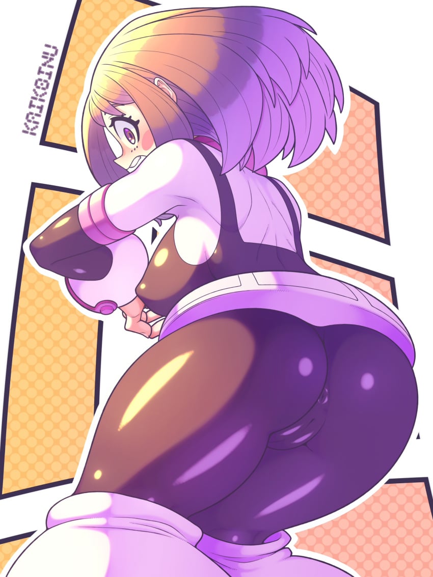 1girls anus ass big_ass big_butt bodysuit boots breasts brown_eyes brown_hair cameltoe clothed clothed_female dat_ass eye_contact female hero_outfit_(mha) kaikoinu latex latex_anus latex_bodysuit latex_skin latex_skinsuit latex_suit latex_vagina looking_at_viewer my_hero_academia nipple_bulge ochako_uraraka shiny_clothes short_hair solo thick_ass thick_thighs thighs tight_clothing