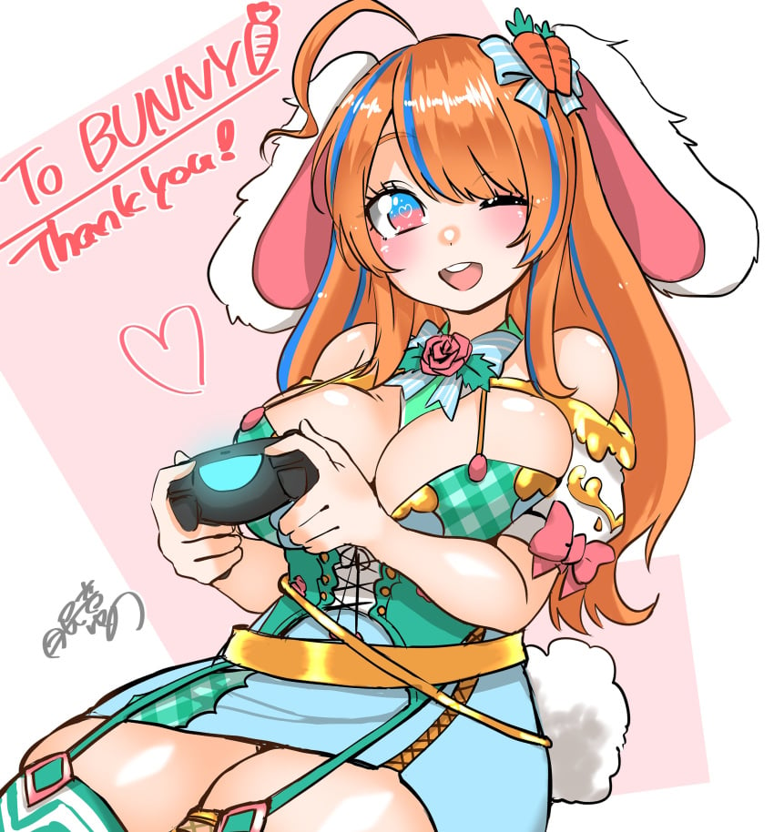 1girls blush breasts bunny_ears bunny_gif cleavage english_text female female_only game_controller hair_ornament heart heart-shaped_pupils indie_virtual_youtuber long_hair one_eye_closed orange_hair purple_eyes skirt solo text thighs virtual_youtuber