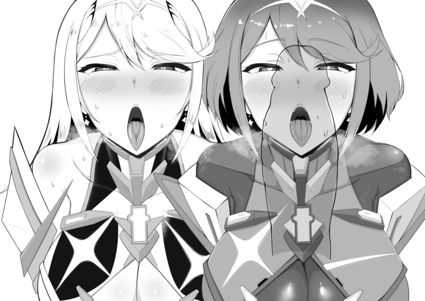 2girls armor bangs black_and_white blowjob_face blush breasts breath_cloud core_crystal crystal earrings exposed_shoulders female female_focus female_only gatyo_5 gem hair_ornament heart heart-shaped_pupils huge_breasts jewelry long_hair looking_at_viewer multiple_girls mythra nintendo penis_shadow pyra short_hair sweat sweatdrop swept_bangs tagme tiara tongue_out xenoblade_(series) xenoblade_chronicles_2