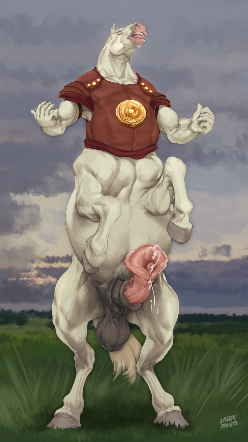 1boy 9:16 animal_genitalia animal_penis armor balls big_balls big_penis bodily_fluids cum equid equid_taur equine equine_penis equine_taur erection flared_penis genital_fluids genitals hi_res hooves horsecock huge_flare laser_(artist) lemon_testicles male male_only mammal mammal_taur mottled muscular muscular_male on_hind_legs penis precum saggy_balls solo taur white_body