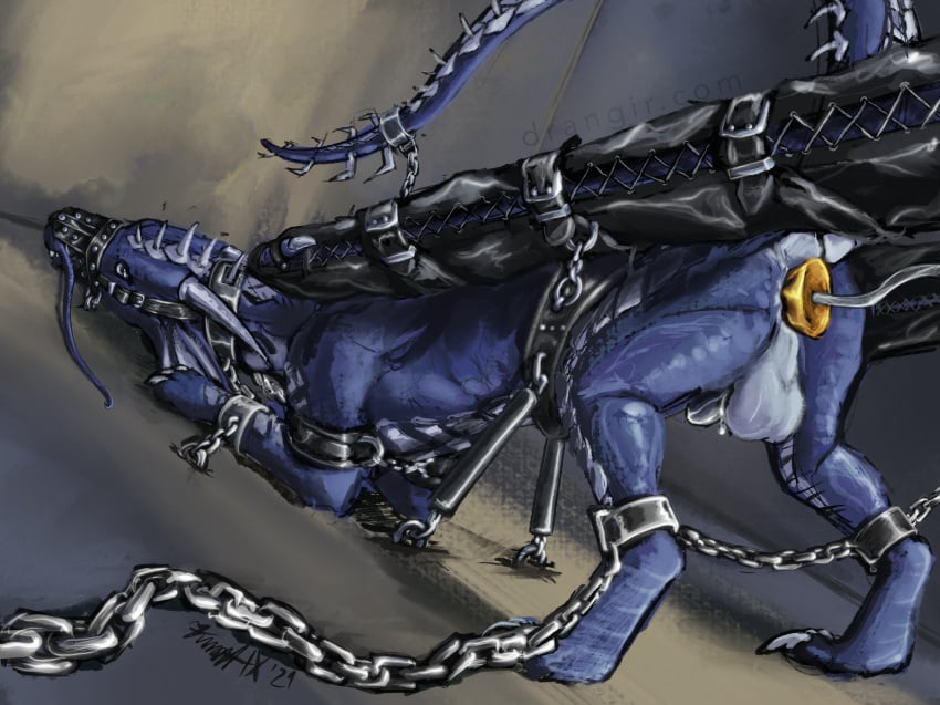 ass balls bondage bound bound_wings chains chastity_cage chastity_device claws collar cuffs_to_collar dragon drangir feral gay genitals harness hi_res horn male muzzle_(object) muzzled questionable_consent restrained restraints scalie shackles solo submissive submissive_male western_dragon