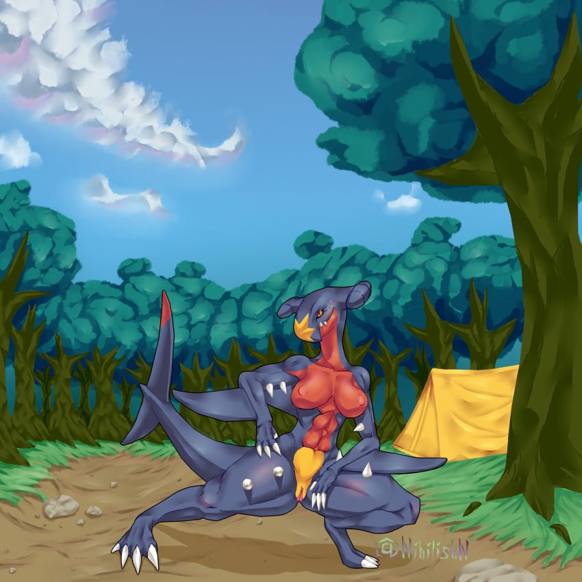 anthro artist_name breasts dragon draw drawing female female_only forest_background furry garchomp garia nihilishn nintendo oc pokemon pokemon_(species) scalie shark vagina