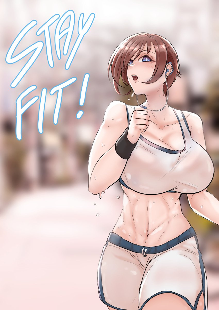 1girls abs blue_eyes clenched_hands fit fit_female fitness gym_shorts headphones large_breasts mole mole_under_eye navel open_mouth original original_character outdoors running sakino_yumeko sakiyume11 short_hair sweat tank_top