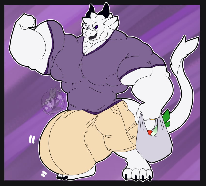 2018 4_toes anthro balls barefoot big_balls big_bulge big_muscles big_nipples big_pecs big_penis bottomwear bulge clothing dragon feet fist flexing fur genitals grocery_bag holding_object horn huge_balls huge_bulge huge_cock huge_muscles hyper hyper_balls hyper_bulge hyper_genitalia hyper_muscles hyper_penis kokoro-doll looking_at_viewer male monster muscular nipples pants pecs penis purple_eyes shirt smile solo toes topwear vahn_(character) white_body white_fur