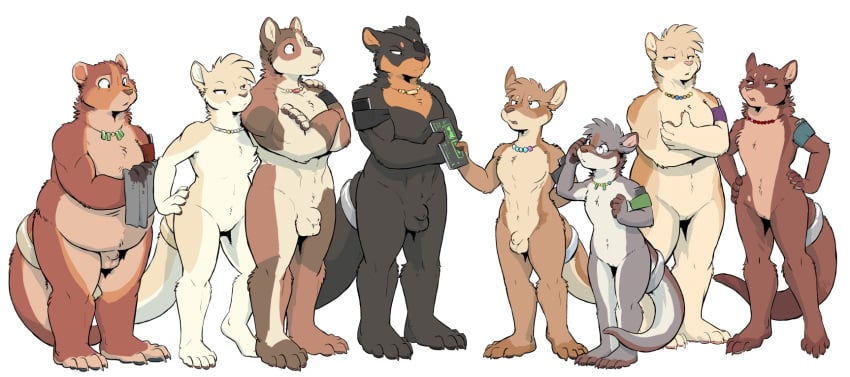 2020 4boys 4girls animal_genitalia anthro armband balls biped brown_body brown_fur brown_nose casual casual_nudity crossed_arms eye_patch eyewear female fully_sheathed fur furry furry_only genitals geroo glasses grey_body grey_fur group hayven_celestia hi_res holding_object humanoid jewelry male mammal naked necklace nude paws pussy rick_griffin sheath simple_background slightly_chubby tail white_background white_body white_fur