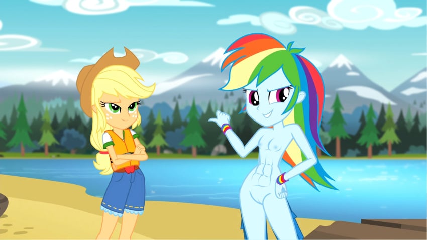 2020s 2021 2girls abs accurate_art_style applejack_(eg) applejack_(mlp) arms_crossed artist_request athletic_female blonde_hair blue_bottomwear blue_skin brown_headwear color colored confident correct_artstyle country_girl cowboy_hat cowgirl denim_shorts dudettes duo duo_female equestria_girls farmgirl female freckles front_view furry green_eyes hand_on_hip hasbro heroine heroines legend_of_everfree life_jacket long_hair looking_at_viewer metahumans moderate_tomboy mountains multicolored_hair multicolored_wristband my_little_pony nude_female outdoors pine_trees pink_eyes rainbow_dash_(eg) rainbow_dash_(mlp) rainbow_hair sand screencap screenshot shorts smile standing strong_tomboy_(spectrum) t-shirt tagme tomboys trees two_tone_topwear two_tone_topwear_(greenandwhite) vagina water western_art western_cartoon wristbands