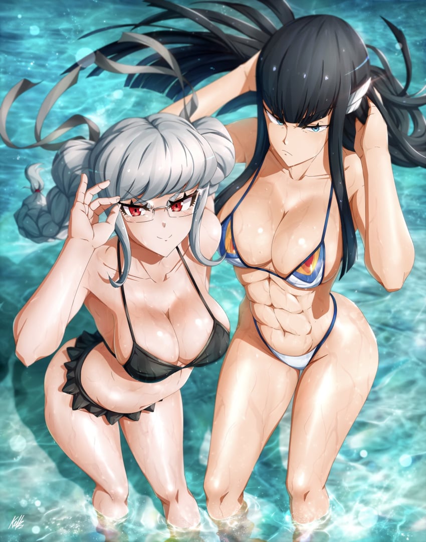 2girls abs areola_slip armpits big_breasts bikini black_bikini black_hair blue_eyes braids breasts busty clavicle clothed comission crossover danganronpa danganronpa_2:_goodbye_despair digital_drawing_(artwork) digital_media_(artwork) digital_painting_(artwork) duo duo_focus female female_focus female_only fringe_hair gap glasses grey_hair hair_accessory hips holding_glasses hourglass_figure huge_breasts kellzallday kill_la_kill kiryuuin_satsuki large_breasts light-skinned_female light_skin long_hair looking_at_viewer multicolored_bikini multiple_girls muscular muscular_female open_eyes pale-skinned_female pale_skin pekoyama_peko posing red_eyes ribbons skinny smile smooth_skin thick_eyebrows thighs thong ties very_long_hair voluptuous voluptuous_female water wet wet_body