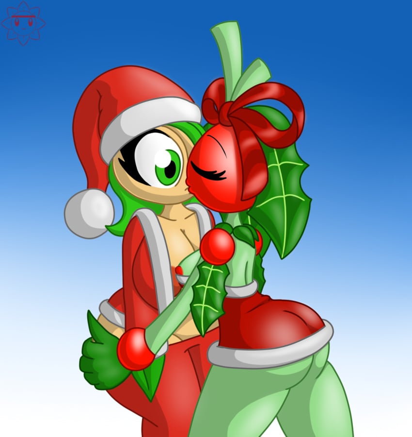 anthro ass bow breasts carol_(screwroot) christmas eyelashes female female/female female_focus female_only flora_fauna functionally_nude green_eyes hands_on_ass holidays holly_(plant) ineffective_clothing kissing naked navel nipples nude nude_female nudity oc orange original_character original_characters plant plantie red_nipples screwroot tara_(screwroot) yuri