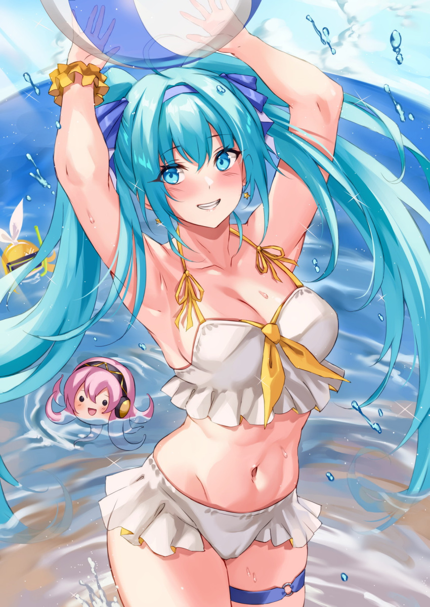 beach_ball bikini blue_eyes blue_hair blush breasts hatsune_miku large_breasts long_hair smile tako_luka thigh_strap twintails vocaloid white_bikini