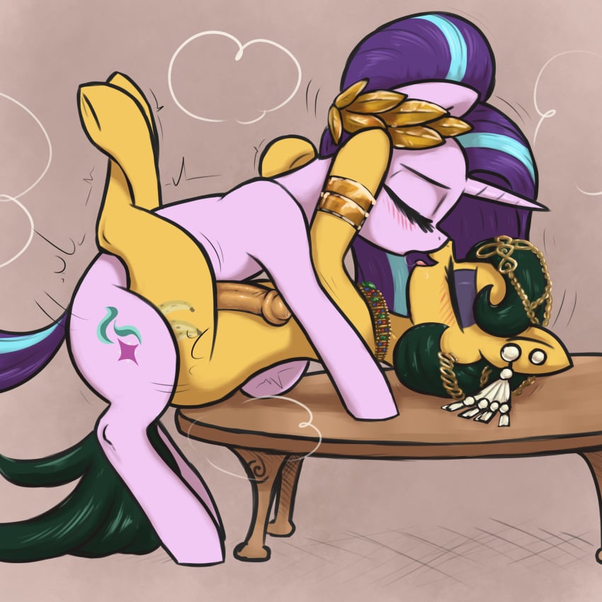 1:1 2021 absurdres ambiguous_penetration animal_genitalia animal_penis blush cleopatra_jazz_(mlp) closed_eyes duo equid equine equine_penis feral friendship_is_magic furniture futanari genitals hasbro highres horn horse kissing mammal my_little_pony nude on_table penis pony sex starlight_glimmer t72b table unicorn