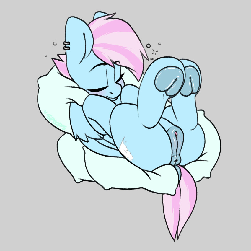 1:1 2021 anus blush closed_eyes cutie_mark ear_piercing ear_ring equid equine female feral genitals green_body hasbro hi_res hooves itsspoopsb mammal my_little_pony nude pegasus piercing pillow pussy simple_background skyline_(oc) sleeping smile solo wings