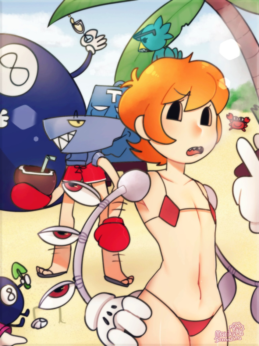 andy_anvil avery_(skullgirls) beach bikini female flat_chest george_bomb hips lonesome_lenny micro_bikini mob_face peacock_(skullgirls) skullgirls thighs tommy_ten-tons wide_hips