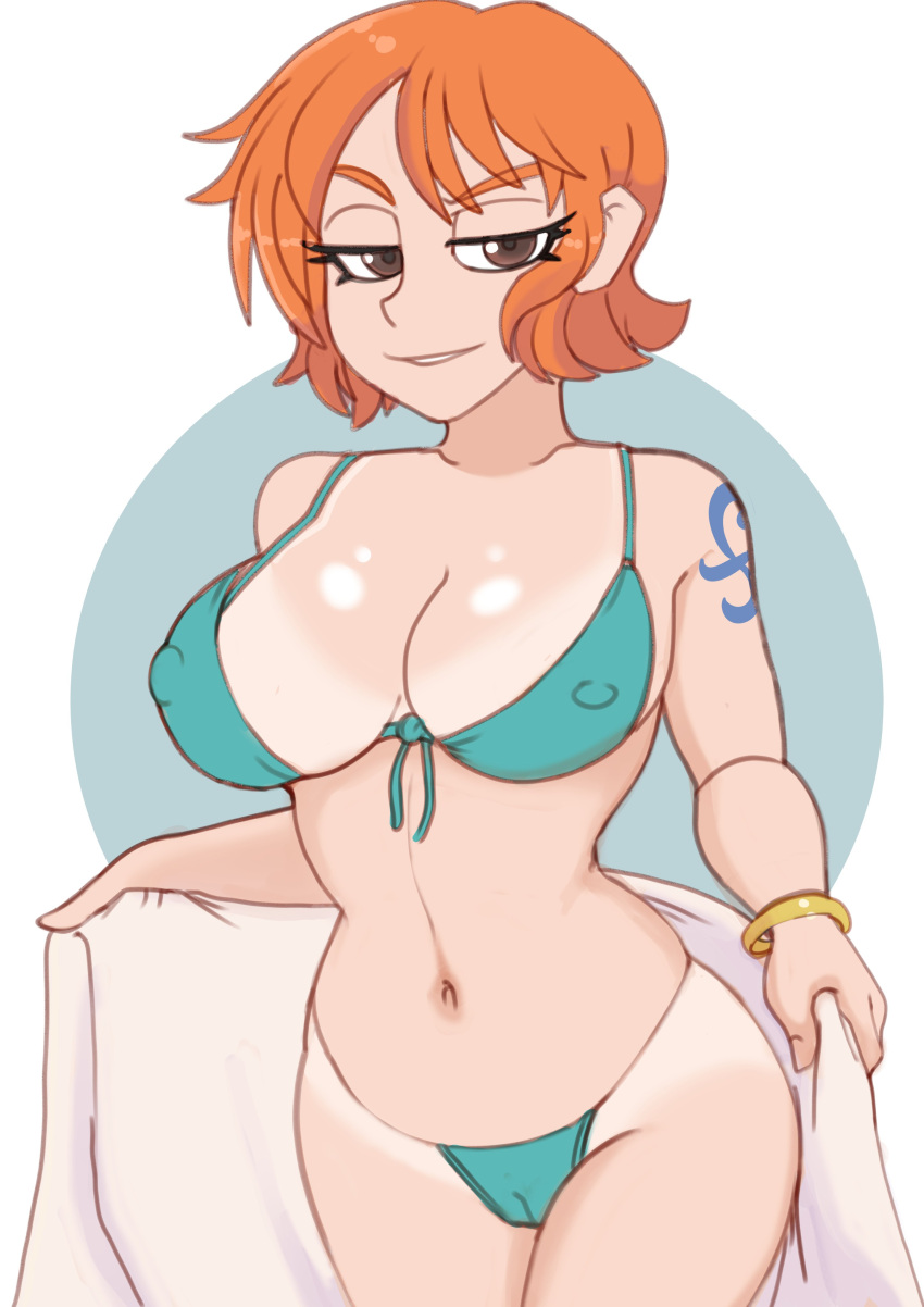 1girls bikini bracelet breasts brown_eyes cameltoe cleavage female female_only large_breasts lewddragon5 looking_at_viewer nami navel nipples nipples_visible_through_clothing one_piece pre-timeskip red_hair seductive_look seductive_smile short_hair solo tanline tattoo towel