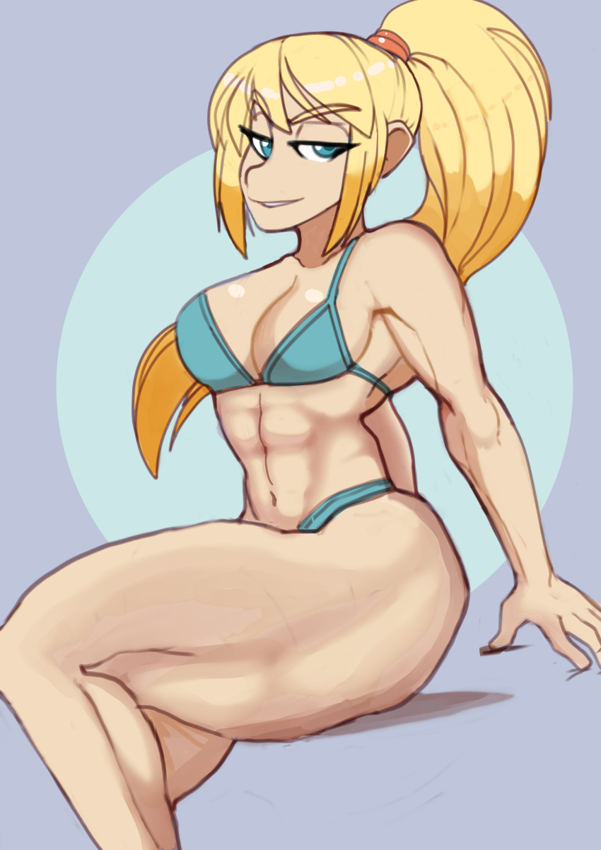 1girls abs bikini blonde_hair blue_eyes breasts cleavage female female_only half-closed_eyes lewddragon5 long_hair looking_at_viewer metroid muscular_female navel nintendo ponytail samus_aran sitting smile solo thick_thighs toned_female