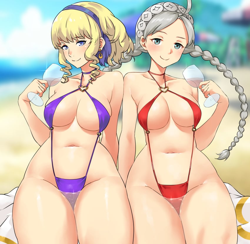 2girls absurdres ahoge alternate_breast_size alternate_costume bangs big_breasts bikini blonde_female blonde_hair blue_eyes braid breasts constance_von_nuvelle cup drinking_glass female_only fire_emblem fire_emblem:_three_houses fire_emblem_fates fire_emblem_heroes hairband highres igni_tion long_hair looking_at_viewer medium_hair multiple_girls nina_(fire_emblem) nintendo one-piece_swimsuit purple_swimsuit red_bikini red_one-piece_swimsuit red_swimsuit revealing_clothes short_blonde_hair silver_hair slingshot_swimsuit swimsuit thong_bikini twin_braids wakamezake wine_glass