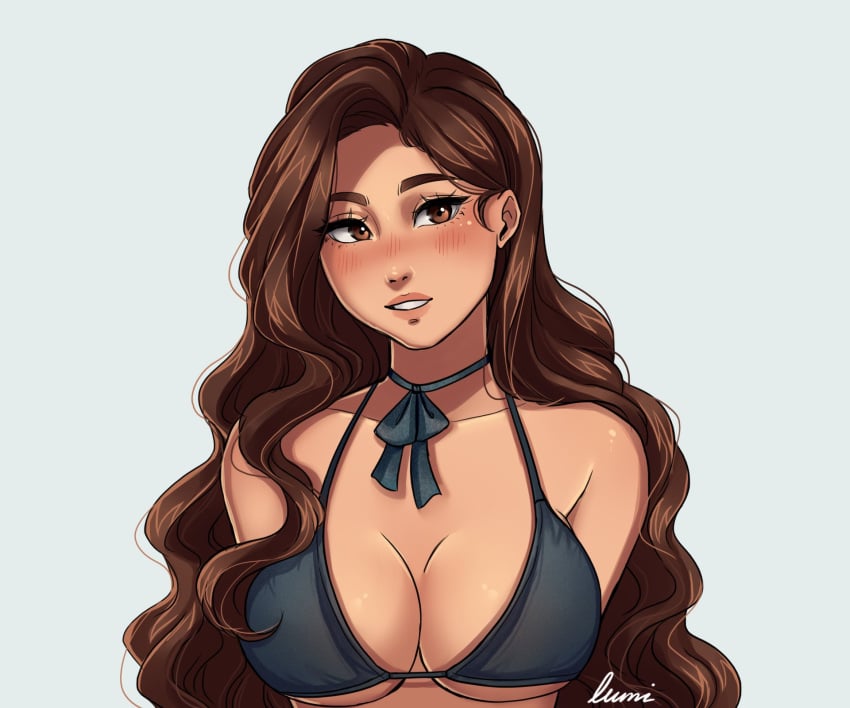 1girls aches big_breasts bikini bikini_top breasts brown_hair female female_focus female_only gamer_girl lumiixq solo upper_body youtube youtuber