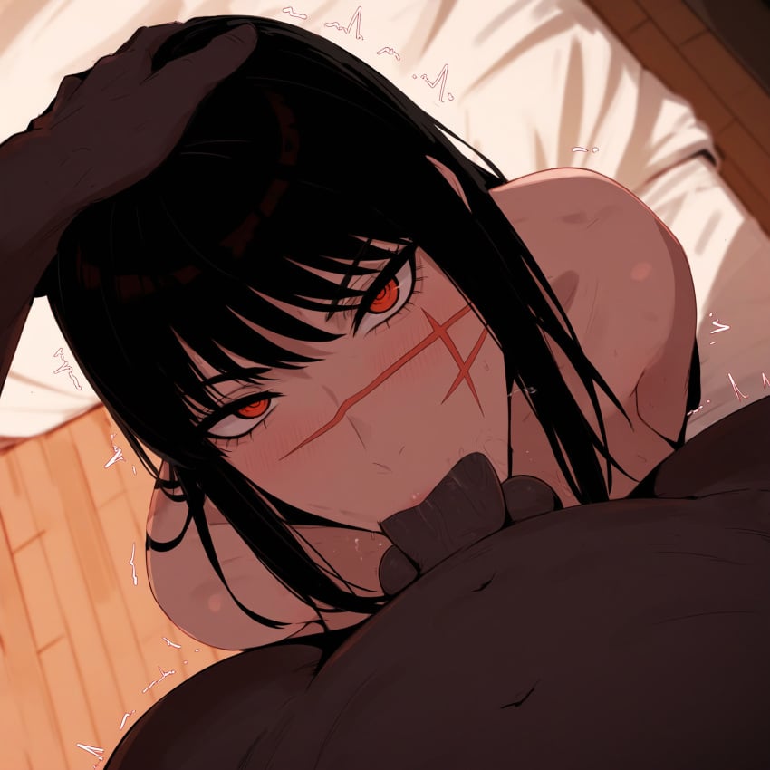 1girls ai_generated black_hair blowjob chainsaw_man dark-skinned_male deepthroat demon demon_girl devil devil_girl female female hand_on_head heroine interracial light-skinned_female looking_at_viewer mitaka_asa oral pov ringed_eyes scar scar_on_face spiral_eyes straight yoru_(chainsaw_man)