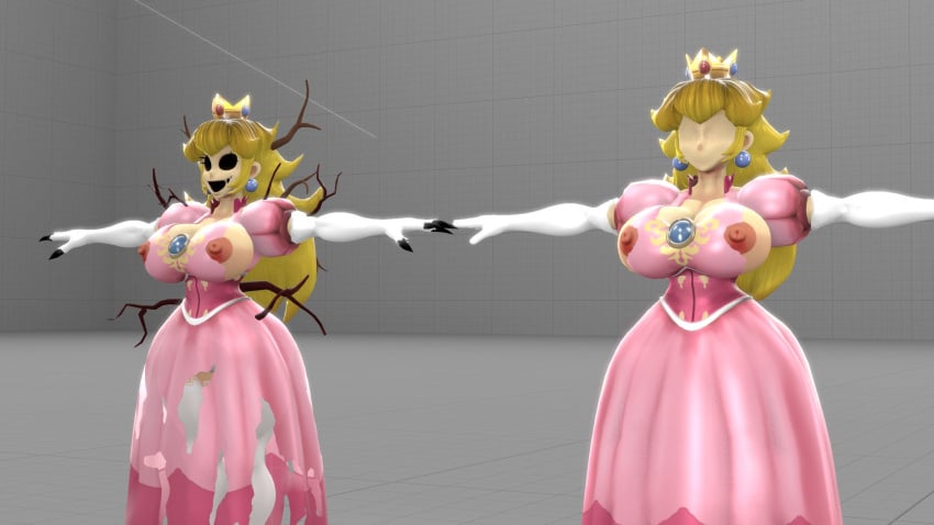 3d 3d_(artwork) big_ass big_breasts blonde_hair cleavage clipping clothed coronation_day_(creepypasta) creepy_smile creepypasta crown demon demon_horns dress earrings empty_eyes entity faceless faceless_female female horns horror long_hair mario_(series) nightmare_fuel nightmare_waifu nintendo no_bra no_eyes open_mouth peach.exe possessed princess princess_peach princess_peach_(coronation_day) revealing_clothes ripped_clothing roots roots_(hair) royalty smile smiling super_mario_world t-pose theboobedone