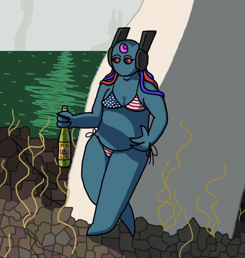 1girls american_flag american_flag_bikini antennae_(anatomy) beer bikini black_eyes blue_body blue_skin drink drinking facial_markings female female_focus female_only forehead_mark iterator_(rain_world) leaning looks_to_the_moon_(rain_world) rain_world robot robot_girl robot_humanoid