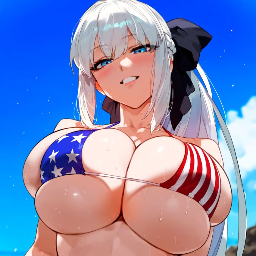 1boy ai_generated american_flag_bikini big_breasts blue_eyes breasts fate/grand_order fate_(series) female female_focus huge_breasts large_breasts long_hair looking_at_viewer morgan_le_fay_(fate) ponytail smiling smiling_at_viewer white_hair