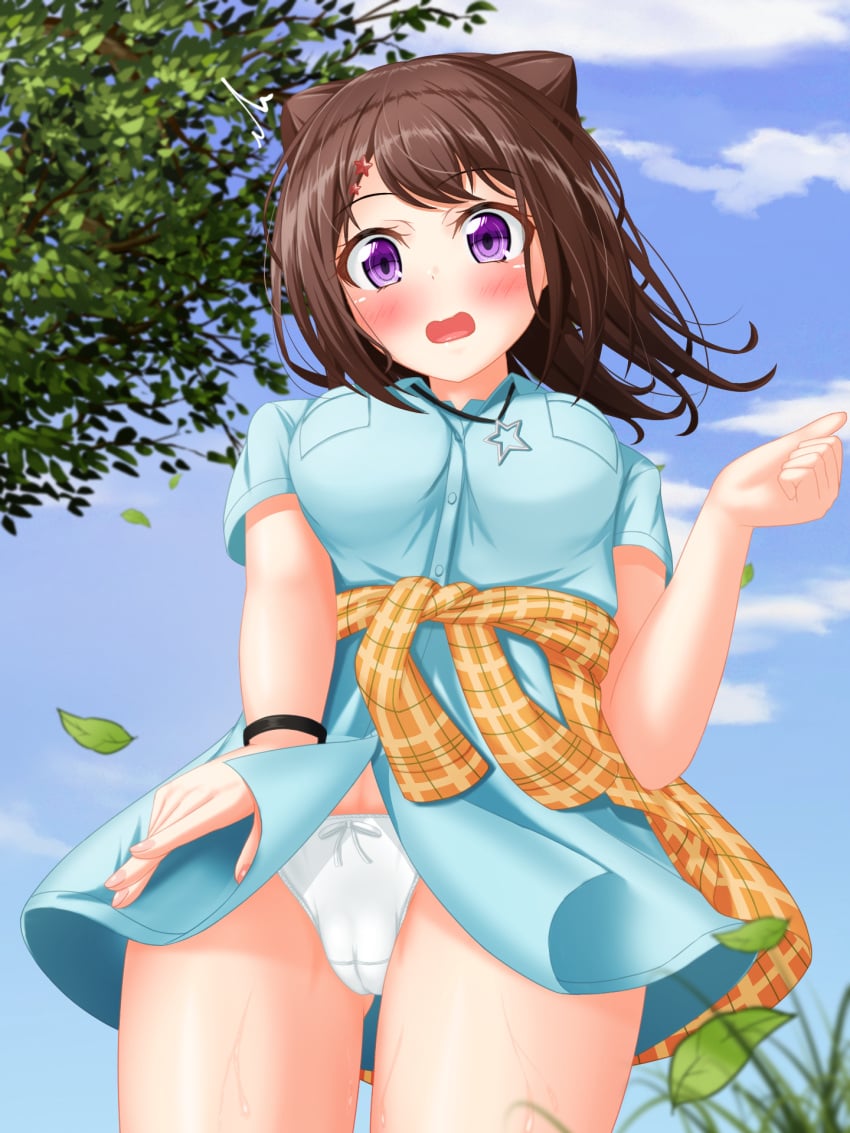 artist_request bang_dream! blue_sky blush breasts brown_hair cameltoe cleft_of_venus exhibitionism female hair_ornament highres medium_breasts open_mouth outdoors panties purple_eyes short_hair sky solo sweat tagme toyama_kasumi underwear white_panties wind