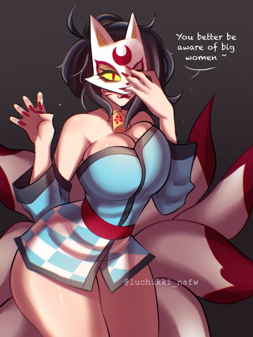 big_breasts black_hair brawl_stars clothed kitsune kitsune_lola_(brawl_stars) lola_(brawl_stars) luchikki mask red_eyes strip_game thick_thighs