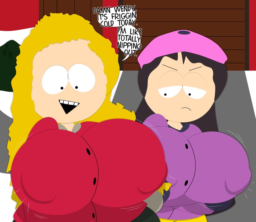 2020s 2024 2girls 3barts aged_up bebe_stevens big_breasts comedy_central dialogue english english_dialogue english_text female female_only huge_breasts jealous nipples nipples_visible_through_clothing paramount_pictures south_park staring_at_breasts tagme text wendy_testaburger