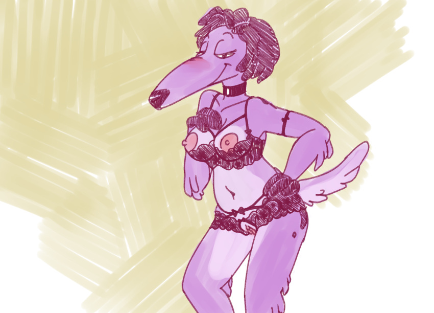 anthro blush borzoi bow_(disambiguation) breasts canid canine canis clothing collar crotchless_clothing crotchless_underwear cupless_bra domestic_dog female frilly genitals hand_on_breast hand_on_hip hi_res hunting_dog lingerie mammal nina_(passionatefloorromance) nipples passionatefloorromance pussy sighthound solo underwear