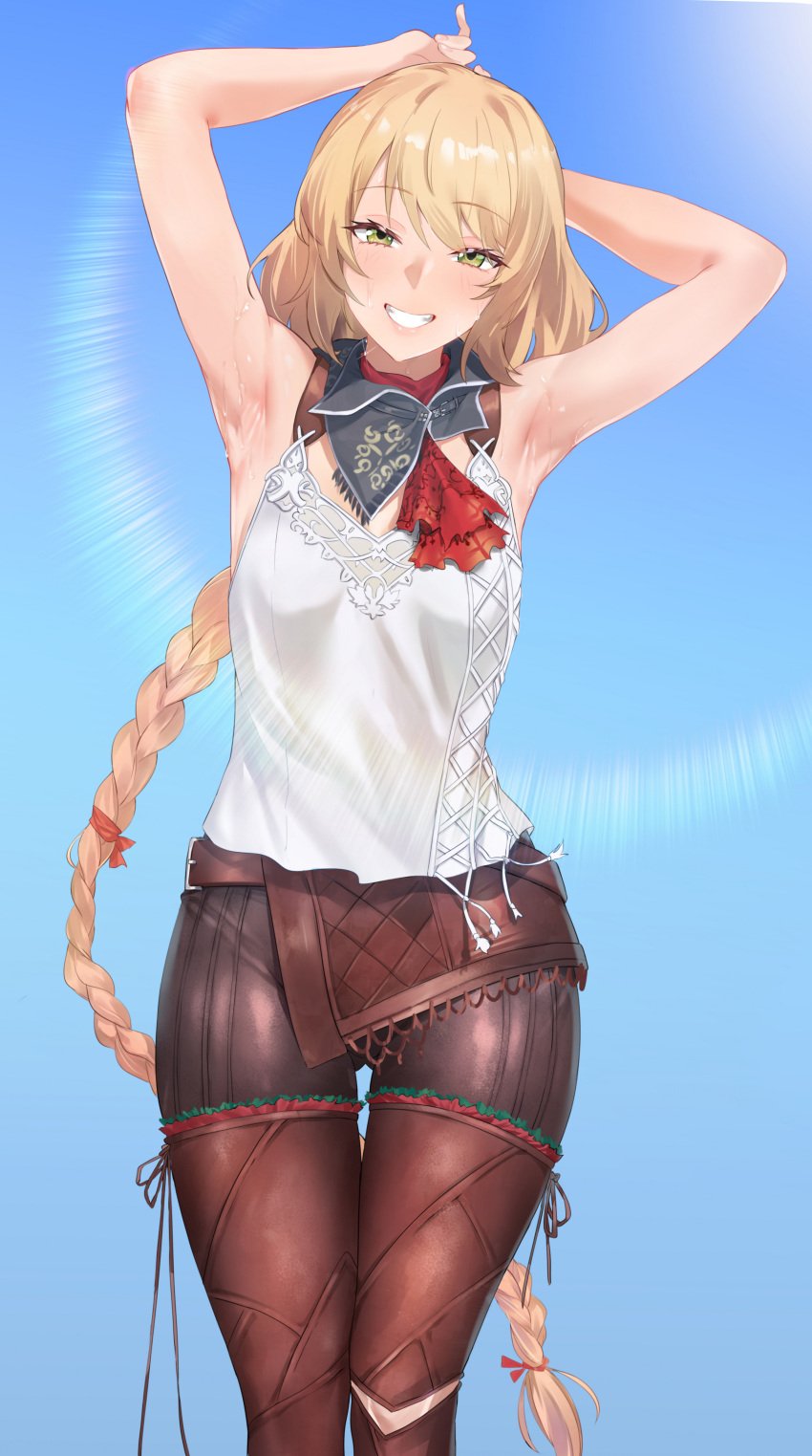 1girls armpits blonde_hair blue_background braided_hair das_(dan_dan) female final_fantasy final_fantasy_xvi looking_at_viewer midadol_telamon smile solo sweat sweatdrop sweating sweaty_armpits thigh_gap