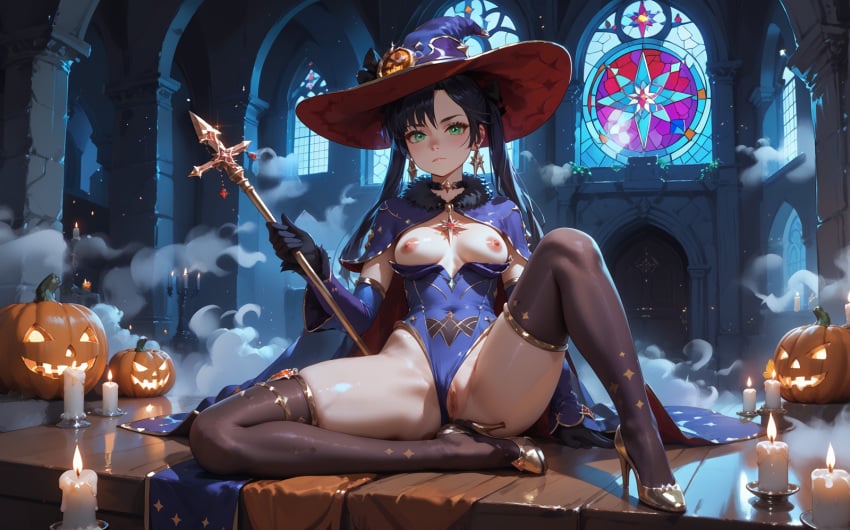 ai_generated akira_hentai altar black_choker black_gloves black_hair black_pantyhose bra breasts breasts_exposed_ candles capelet dark detached_sleeves female fur_collar genshin_impact gold_footwear halloween high_heels highleg-leotard long_hair long_sleeves magic mona_(genshin_impact) mysterious nipples pumpkins purple_leotard seductive sexy shadows sitting stained-glass stone thighlet titswitch twintails