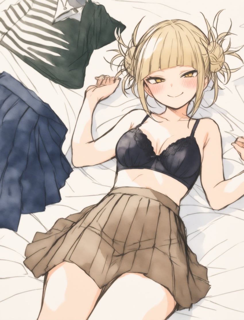 ai_generated aozoraa boku_no_hero_academia bra himiko_toga lying lying_on_back lying_on_bed my_hero_academia sketch skirt toga_himiko