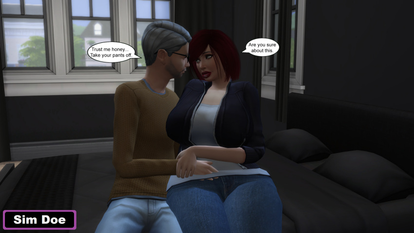 1boy 3d big_ass big_breasts big_girl big_hips brandon_levin(sim_doe) caption comic comic_page daddy_kink english english_text fat fat_female father_and_daughter female grey_hair old old_man original_characters red_hair sim_doe sims sims4 sims_4 speech_bubble teasing text the_sims the_sims_4 thick tia_levin(sim_doe)