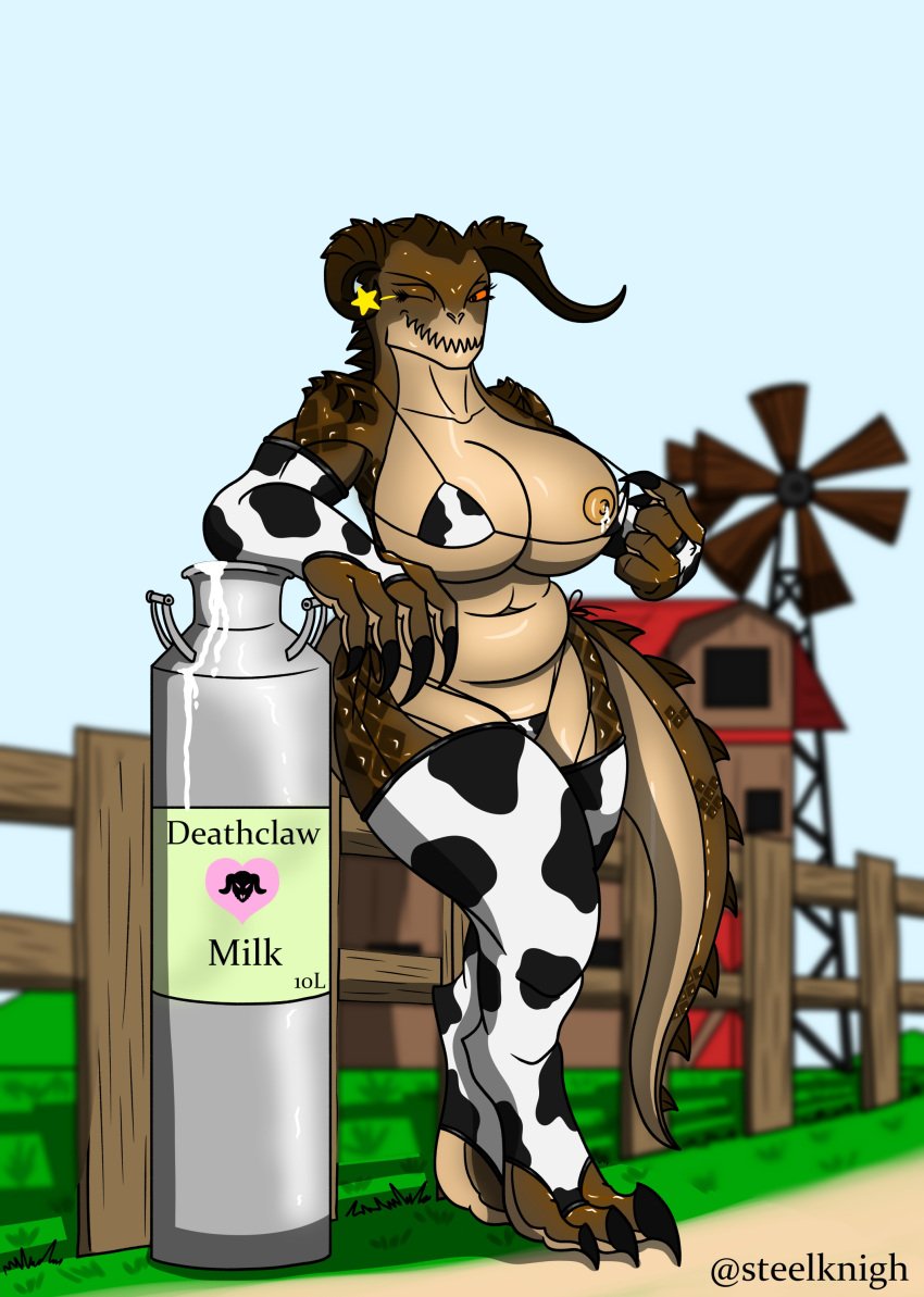 big_ass big_breasts chubby cow_print cow_print_armwear cow_print_bikini cow_print_thighhighs cowkini deathclaw detailed_background fallout farm female_deathclaw horns lactating lactation looking_at_viewer milk milk_bottle milk_jug milk_leaking monster monster_girl scales showing_breasts simple_background smile smiling smiling_at_viewer steelknigh watermark